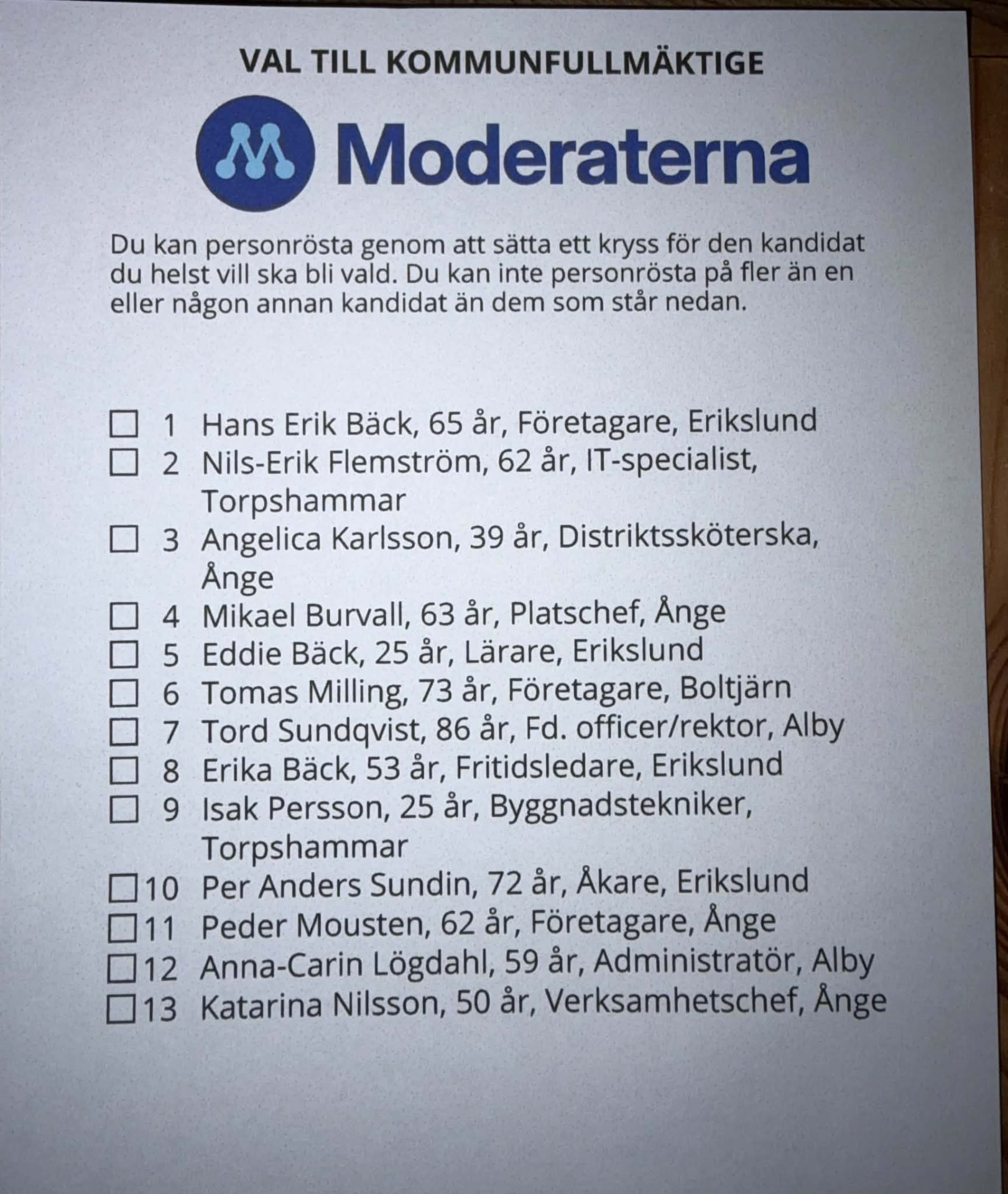 Valsedel till kommunfullmäktige: Moderaterna i Ånge med kandidater 1–13